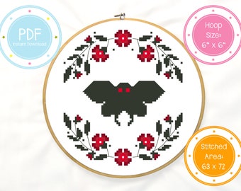 Floral Mothman Wreath Cross Stitch Pattern (PDF Download)