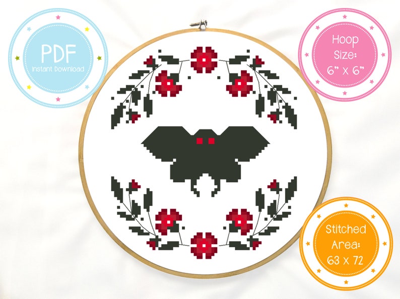 Cute Floral Mothman Wreath Paranormal Cryptid Cross Stitch Pattern PDF Instant Download image 1