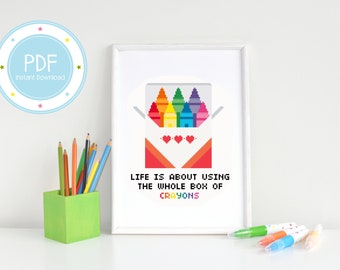 The Whole Box of Crayons Cute and Colorful Motivational Cross Stitch Pattern PDF Instant Download