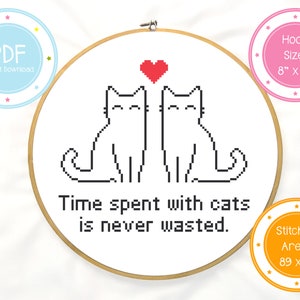 Cute &quot;Time Spent With Cats&quot; Animal Quote Cross Stitch Pattern PDF Instant Download