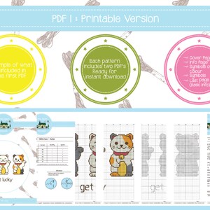 May include: A printable PDF cross-stitch pattern featuring three lucky cats with the text "get lucky". The PDF includes a color chart, symbols, and instructions.