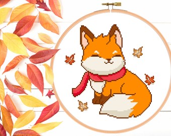 Zorro de Otoño con Bufanda y Hojas de Pespunte - Lindo Animal Otoño Patrón de Punto de Cruz PDF Descarga Instantánea