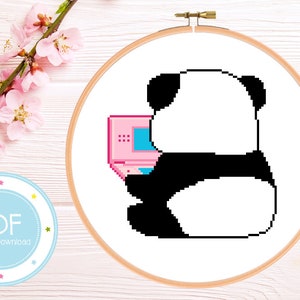 Cute Gamer Panda - Kawaii Animal Cross Stitch Pattern PDF Instant Download
