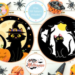 Witch Cat and Moongazing Black Cat Cute Halloween Animal Cross Stitch Pattern Pack PDF Instant Download