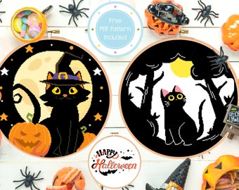 Witch Cat and Moongazing Black Cat Cute Halloween Animal Cross Stitch Pattern Pack PDF Instant Download