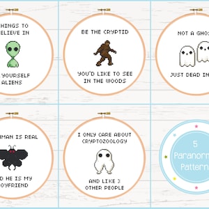Paranormal Cryptid Cross Stitch Pattern Pack - Alien, Bigfoot, Ghosts, Mothman, Nightcrawler Pattern PDF Instant Download