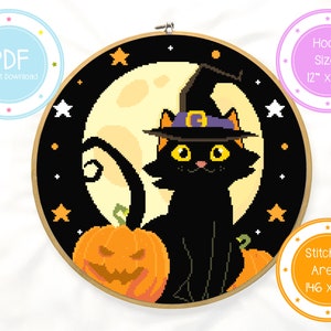 Cute Black Cat in Witch Hat with Pumpkins and Stars Animal Halloween Cross Stitch Pattern PDF Instant Download