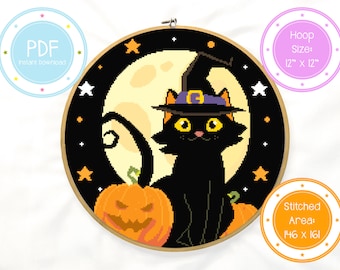 Cute Black Cat in Witch Hat with Pumpkins and Stars Animal Halloween Cross Stitch Pattern PDF Instant Download