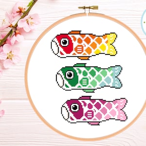 Traditional Japanese Colorful Koinobori - Carp Kites Cross Stitch Pattern PDF Instant Download