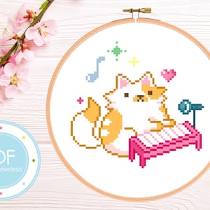 Cute Singing Keyboard Cat - Animal Cross Stitch Pattern PDF Instant Download