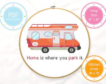 Home is Where You Park It Cute Caravan Camping RV Cross Stitch Pattern PDF Instant Download