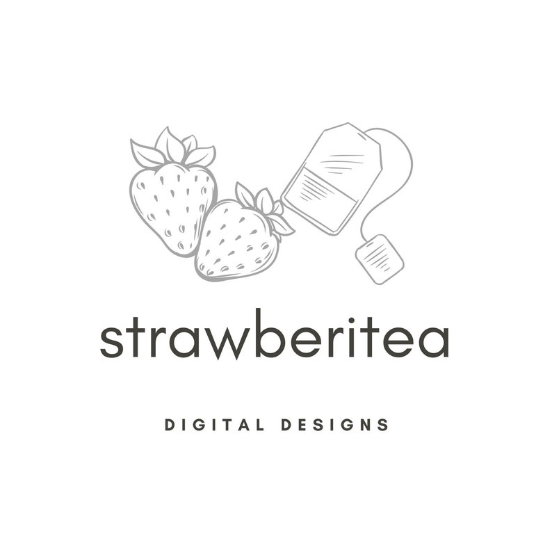 K&ouml;nnte beinhalten: Eine Schwarzwei&szlig;-Zeichnung von zwei Erdbeeren und einem Teebeutel mit dem Text "strawberitea DIGITAL DESIGNS".