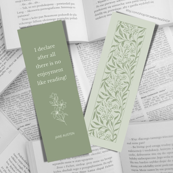 Jane Austen Green Printable Bookmarks - Pride & Prejudice Quote, Romance Reader, Light Academia, Cottagecore, Bookish Gift, Gift for Reader