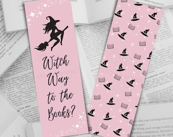 Marcapáginas imprimibles de color rosa "¿Camino de las brujas a los libros?" - PNG y PDF - Marcapáginas de Halloween de color rosa adorable y femenino de Celestial Witchy para regalar a los lectores