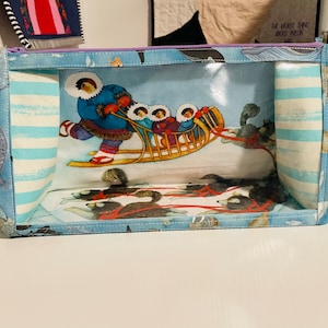 May include: A blue and white striped fabric pouch with a clear plastic window. The window shows a picture of a group of people riding in a sled pulled by dogs. The text "The Most Dog About Winter" is visible in the background.