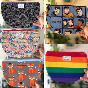 Women’s Zipper Pouch Makeup Bag Purse, Cosmetics Pouch, Handmade Zippered Travel Bag, Purse. Star Trek. Foxes. Floral. Cats. Rainbow