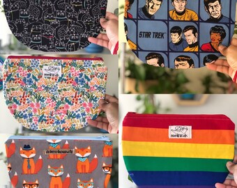 Women’s Zipper Pouch Makeup Bag Purse, Cosmetics Pouch, Handmade Zippered Travel Bag, Purse. Star Trek. Foxes. Floral. Cats. Rainbow