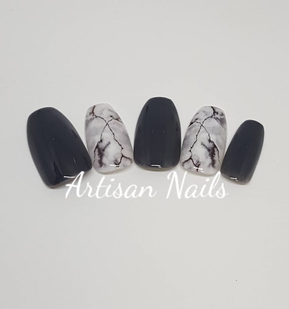 Blackwhite With Marble Effect Design Nails Hand Painted Gel Etsy