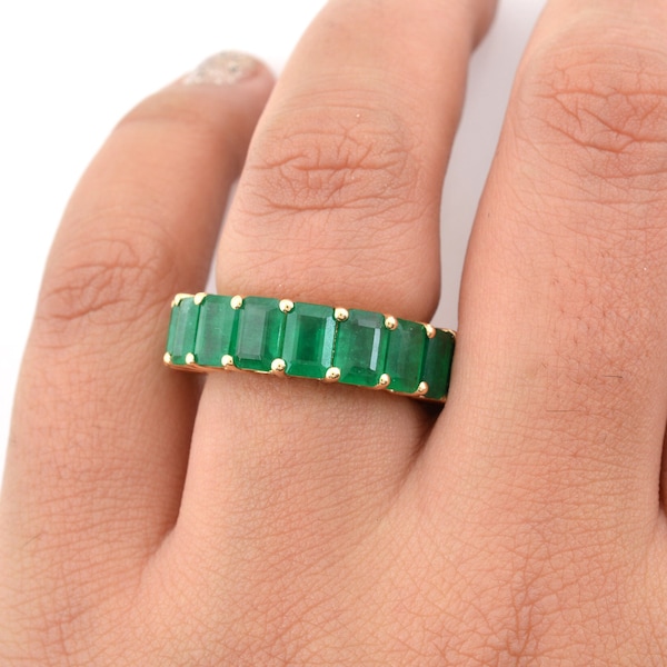 Solid 14k Yellow Gold Eternity Band / 6x4mm Zambian Emerald Wedding Ring / Emerald Cut Gemstone Stackable Thumb Bands / Bridal Promise Rings