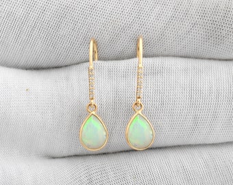 Natural Opal Earring, 14K Solid Yellow Gold Diamond Dangling Earrings, 8x6mm Pear Cut Ethiopian Opal Earrings, Minimalist Diamond Earrings