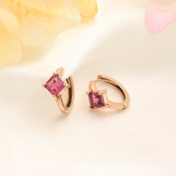 Solid 14k Rose Gold Hoops Earrings / Natural Pink Tourmaline Wedding Earring / 4mm Square Cut Gemstone Earrings / Handmade Prong Set Earring