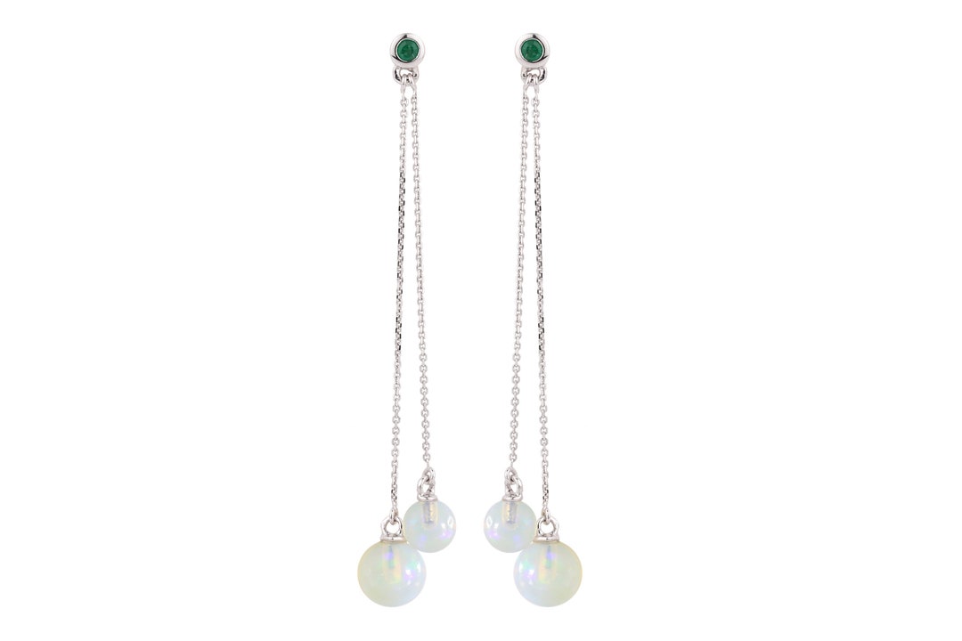 Zambia Emerald Gemstone Earrings, 14k White Gold Opal Drop Ball Earring