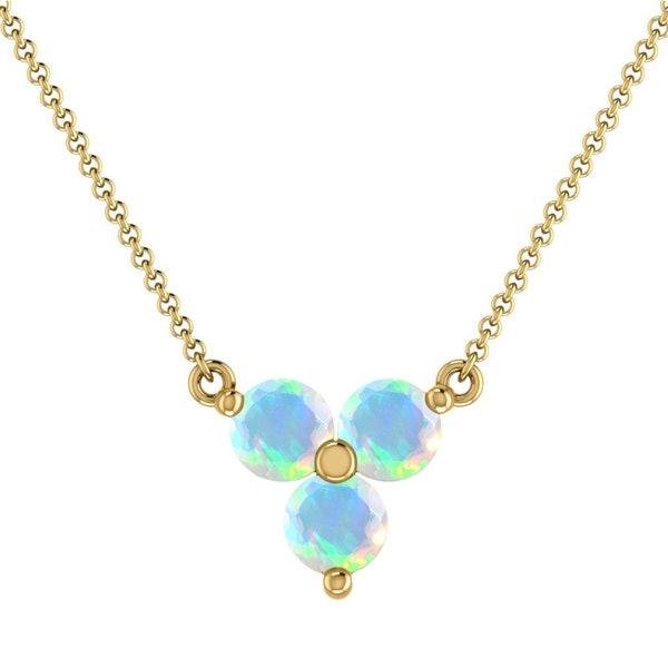 Real Ethiopian Opal 3 Stone Pendant Necklace / Handcraft From Real 14k Gold Delicate Diamond Jewelry / 3mm Round Cut Minimalist Pendant