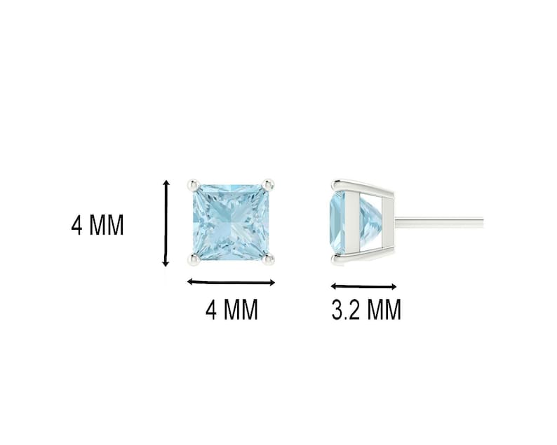 14K Fine Gold With 0.34 Carats Natural Aquamarine Square Shaped Earrings For Girls With Silver Silicon Post