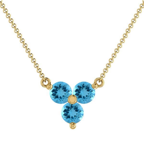 Genuine Swiss Blue Topaz 3 Stone Necklace / 14k Solid Gold Chain Necklace / 3mm Round Trio Gemstone Necklace / Cluster Necklace for Women
