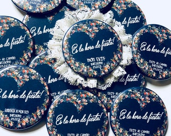 Lot de 15 Badges EVJF personnalisés 56mm dont cocarde dentelle & ruban pour la future mariée