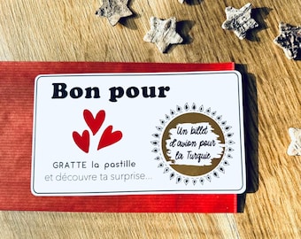 Bon à gratter cœurs , carte à gratter personnalisable cadeau surprise/annnonce