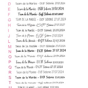 May include: A white background displays various text designs in black, with the phrase "Team de la Mari&eacute;e - EVJF Sidonie 27.07.2024" repeated in different fonts. The text is likely for a bridal party.