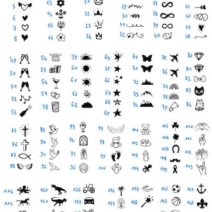 May include: A collection of black and white line art illustrations, including hearts, crowns, stars, arrows, and various other symbols. The image is a catalog of design elements.