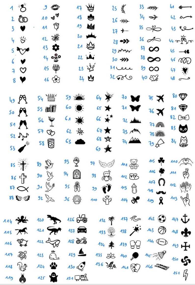 May include: A collection of black and white line art illustrations, including hearts, crowns, stars, arrows, and various other symbols. The image is a catalog of design elements.