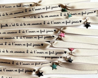 Personalized ribbon bracelet with star charm and clasp, unlimited character and design of your choice (bachelorette party, wedding, etc.)