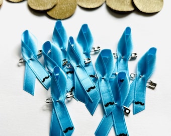 Customizable blue ribbon rosette MOVEMBER pin for raising awareness of men's health issues, moustache, November