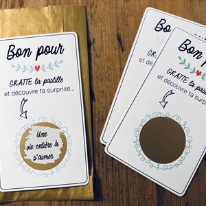 Bon à gratter, carte à gratter personnalisable cadeau surprise/annnonce