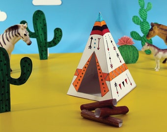 Tenda indiana da colorare in 3D, attività facile con PaperCraft, modelli di carta artigianale per bambini, tenda tutorial stampabile sugli origami, download immediato di Pdf