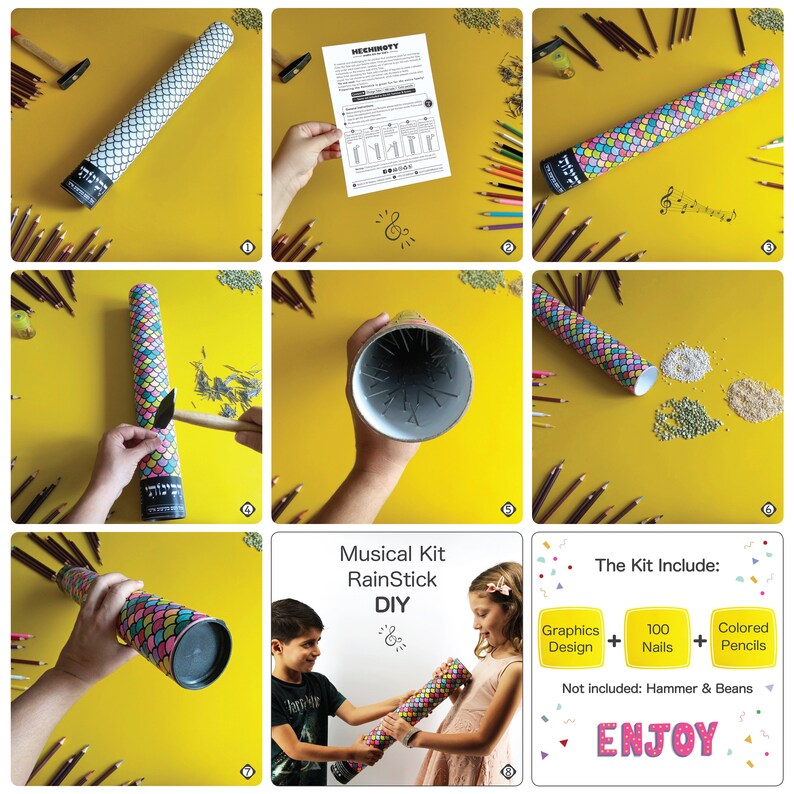 K&ouml;nnte beinhalten: Ein DIY-Musikalisches Regenstab-Set mit bunten Grafiken, 100 N&auml;geln und Buntstiften. Das Set enth&auml;lt Anweisungen zum Erstellen eines Regenstabs. Das Set enth&auml;lt keinen Hammer oder Bohnen. Der Text "Musical Kit RainStick DIY" und "ENJOY" ist im Bild sichtbar.