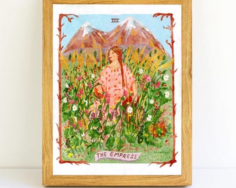 The Empress, Tarot, Illustration, Mountain Goddess, Woman, Flowers, Mountains, Harvest