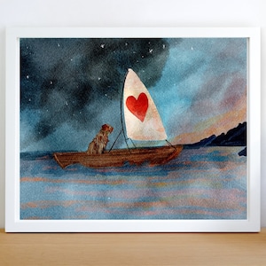 May include: A watercolor painting of a dog sitting in a small sailboat on a body of water. The sailboat has a white sail with a red heart on it. The sky is dark blue with white stars and a light blue and pink sunset in the distance.