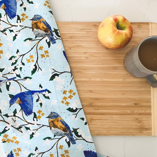 Blue Bird Tea Towel, Flour Sack Cotton, Dogwood Flower Dish Towel, Floral,