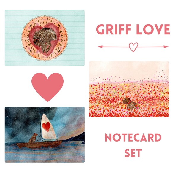 Griff Love, Valentines,Notecard set, Wirehaired Pointing Griffon Notecards, Dog Notecards, Stationary set, Blank Cards with Envelopes,