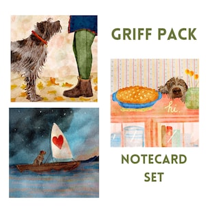 May include: A notecard set featuring watercolor illustrations. One shows a dog with a person, another a pie, and a third a dog sailing a boat with a heart-shaped sail. The text "GRIFF PACK" and "NOTECARD SET" are also visible.