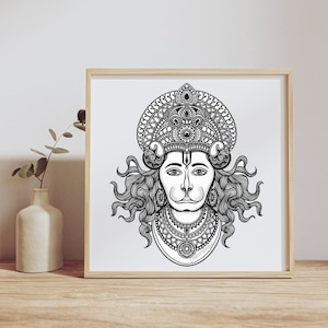 Bajrang Digital druckbare Kunstwerk, Hanuman Kunst, Mandala, Wohnkultur, sofortiger download, Hindu Gott, Volkskunst, minimalistisch, Frieden, Altar Raum