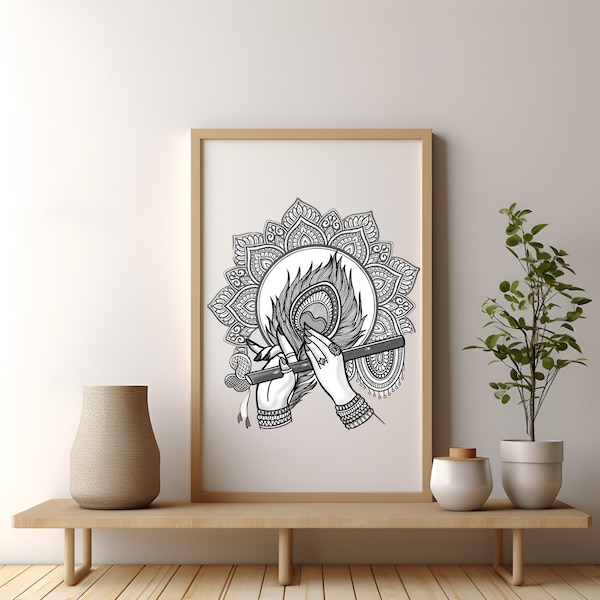 Krishna mandala Printable Artwork, mandala, home decor, instant download, Hindu god, Folk art, minimalistic,peace, altar space