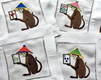 Embroidered Mahjong Cocktail Napkins: Linen Chinoiserie Bar Decor, Set of 4