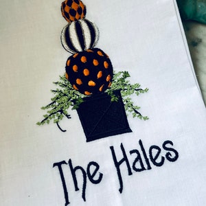 Stacked Pumpkins Topiary Monogrammed Guest Towel | Personalized Cotton Linen Bath Decor for Fall & Halloween