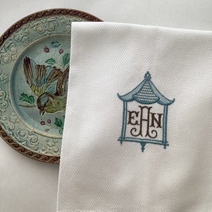 Monogrammed Guest Towel: Embroidered Chinoiserie Pagoda Bath Decor