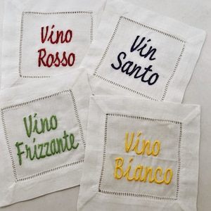 Cocktail Napkins Italian Wine Embroidered Coasters Vino Rosso Bianco Frizzante Vin Santo Bar Cart Decor